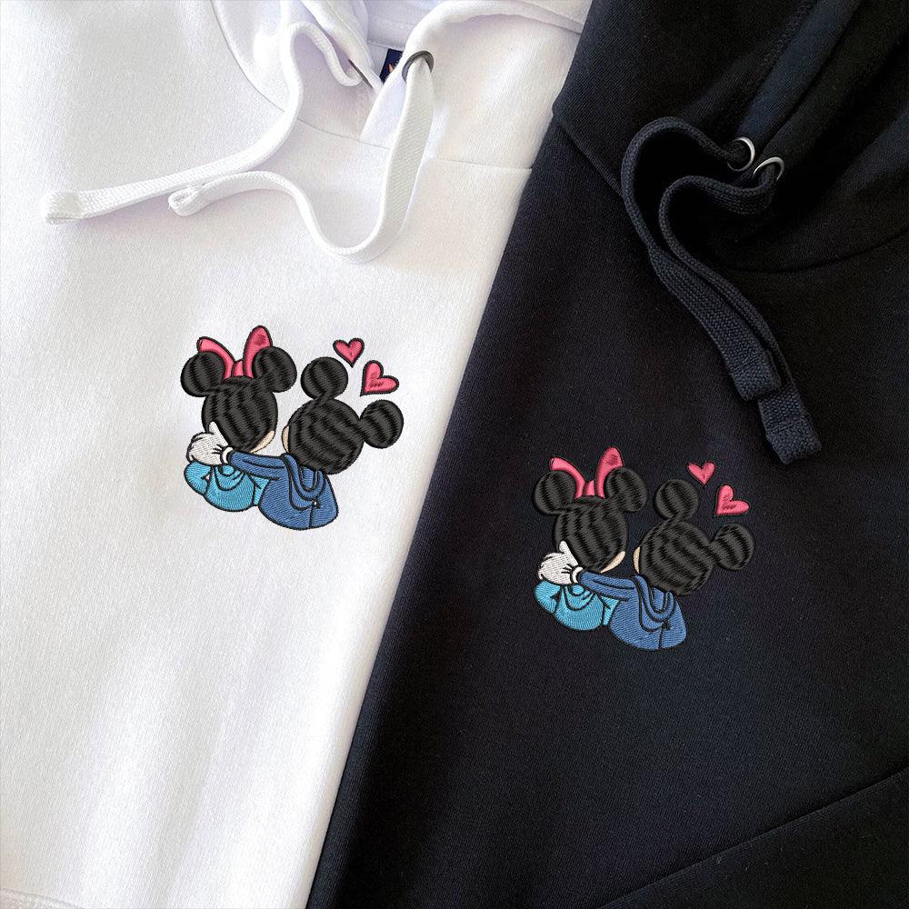 Custom Embroidered Hoodies For Couples, Couples With Matching Hoodies, Cute Couples Mouse Hearts Embroidered Hoodie