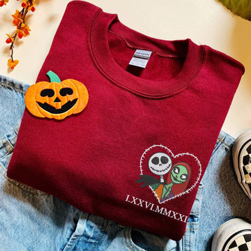 Custom Embroidered Halloweeen Hoodies For Couples, Custom Matching Couple Hoodies, Nightmare Before Christmas Roman Numeral Date Hoodie