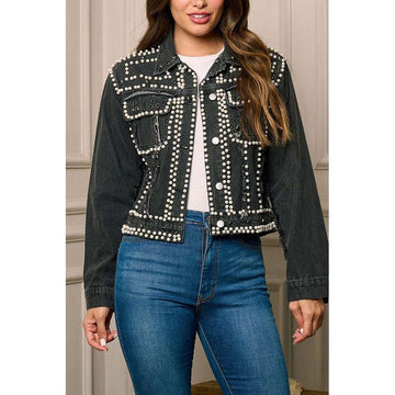 Black Denim pearl jacket Now 10% off