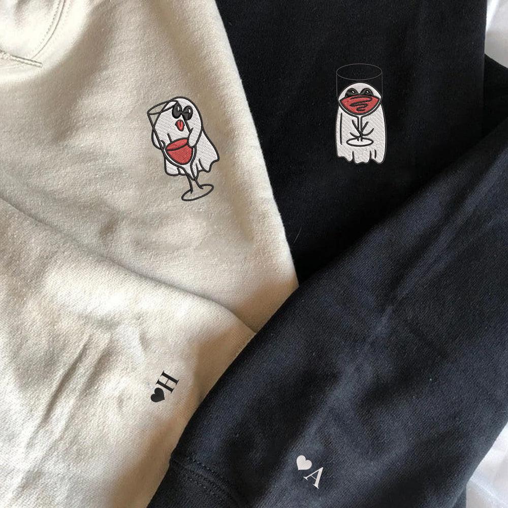 Custom Embroidered Hoodies For Couples, Custom Matching Couple Hoodie, Cute Ghost Cartoon Couples Embroidered Hoodie