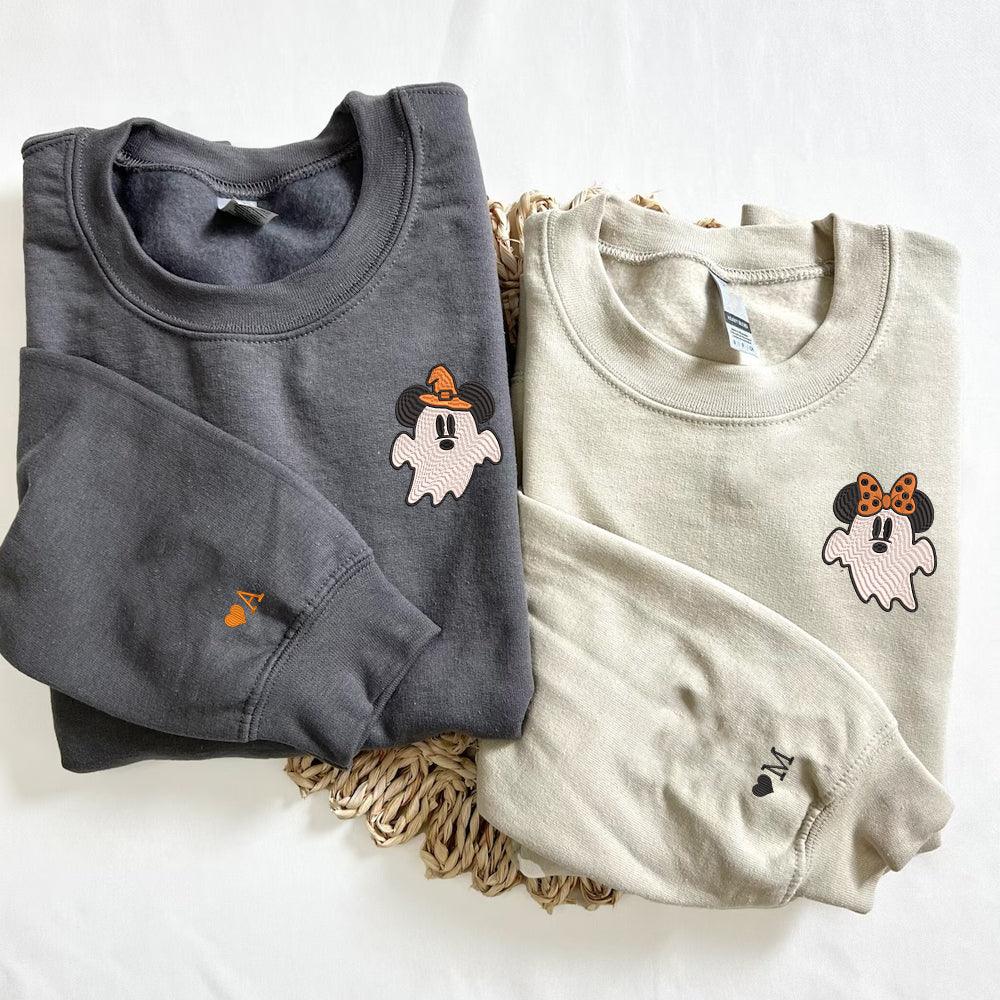 Custom Embroidered Halloween Sweatshirts For Couples, Custom Embroidered Cartoon Mouses Ghost Spooky Couples Embroidered Sweatshirt Sweater V4