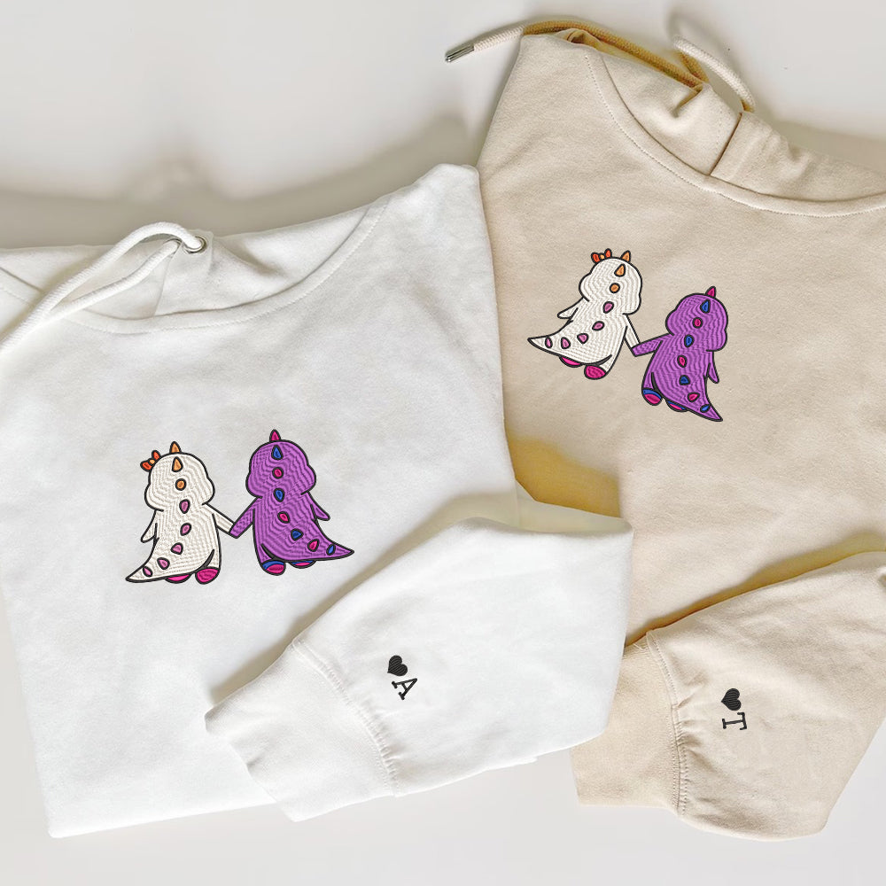 Custom Embroidered Hoodies For Couples, Cute Cartoon Bi Lesbian Dino Couples Embroidered Hoodie