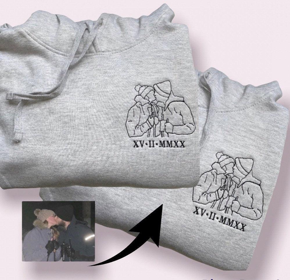 Custom Embroidered Hoodies For Couples, Custom Embroidered Outline Portrait From Photo Matching Couples Hoodie, Outline Photo Embroidered Hoodie