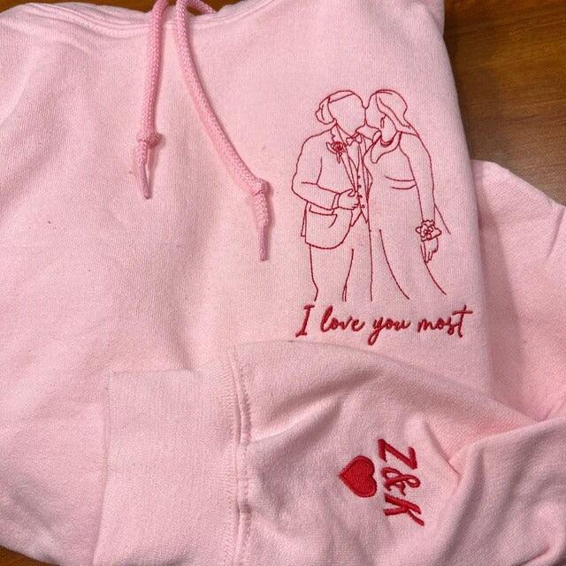 Custom Embroidered Hoodies For Couples, Custom Embroidered Portrait Outline From Photo Embroidered Matching Couples Hoodie