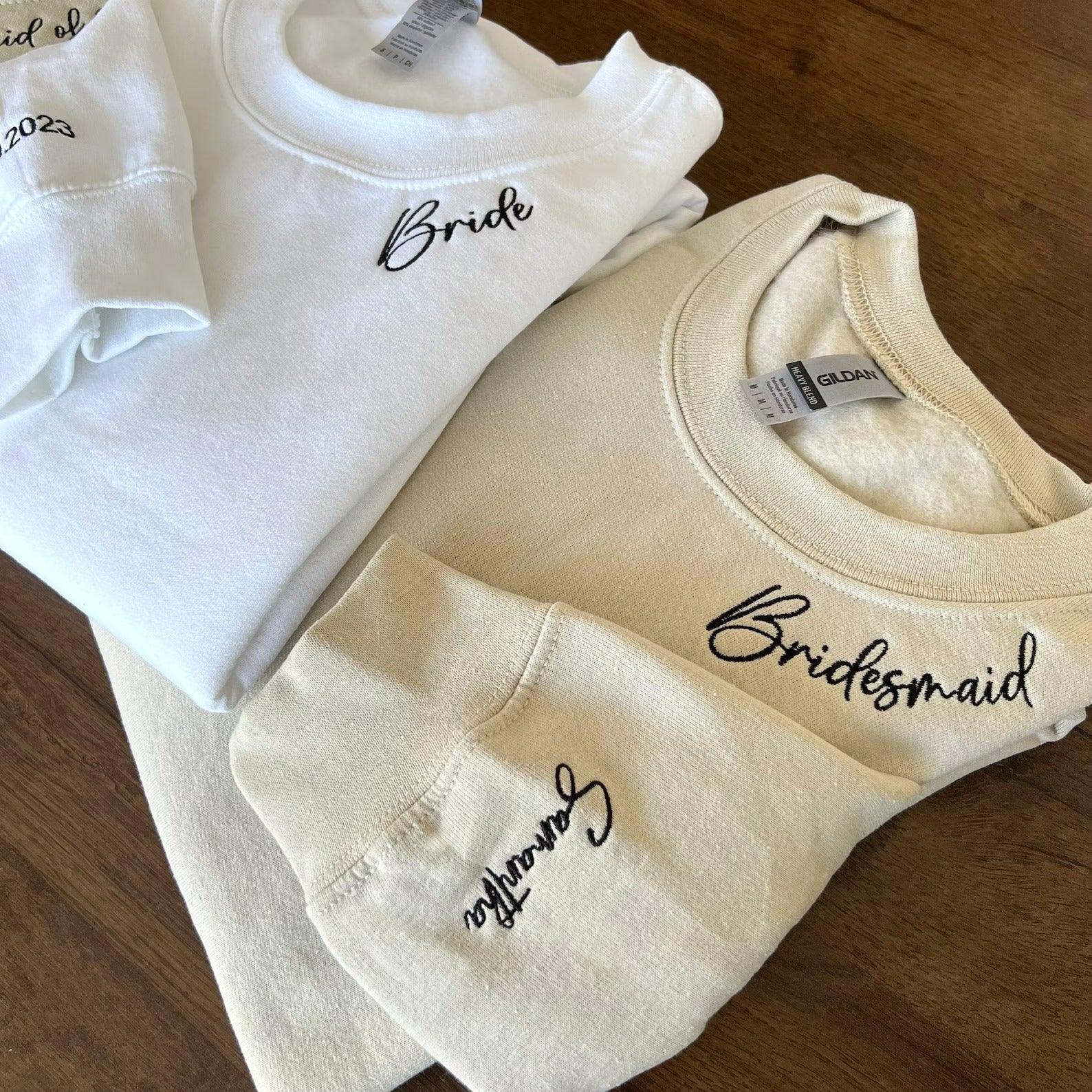 Custom Bridesmaid Bachelorette Date On Sleeve Embroidered Sweatshirt Hoodie