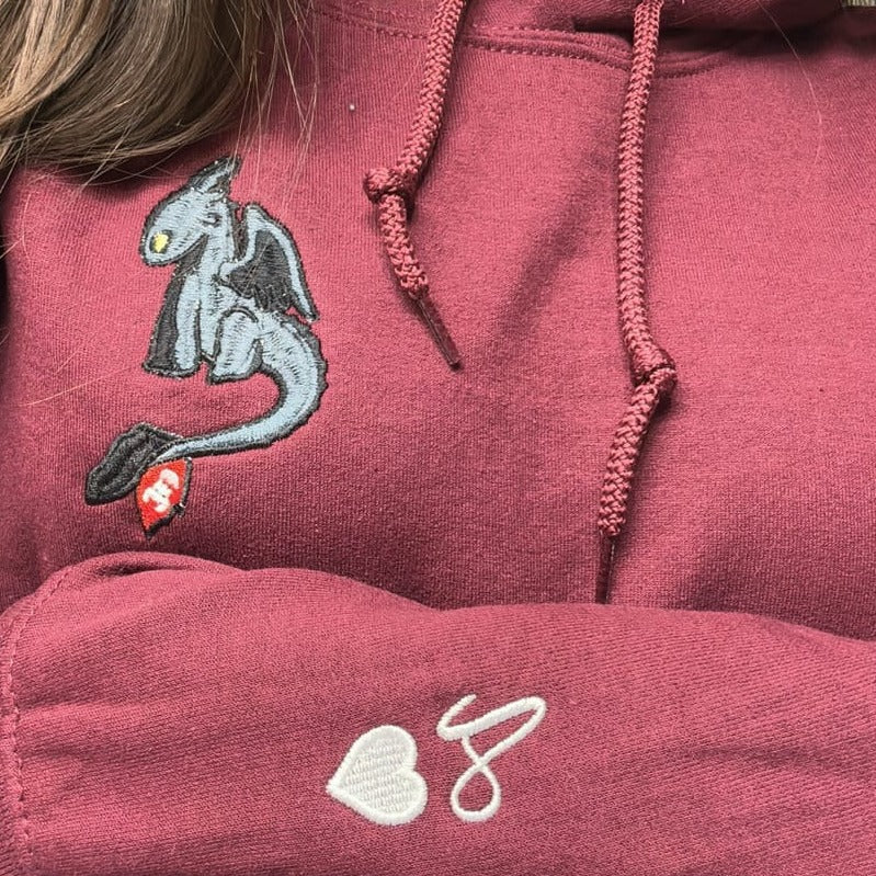 Custom Embroidered Hoodies For Couples, Custom Matching Couple Hoodie, Cartoon Toothless x Light Fury Couples Embroidered Hoodie