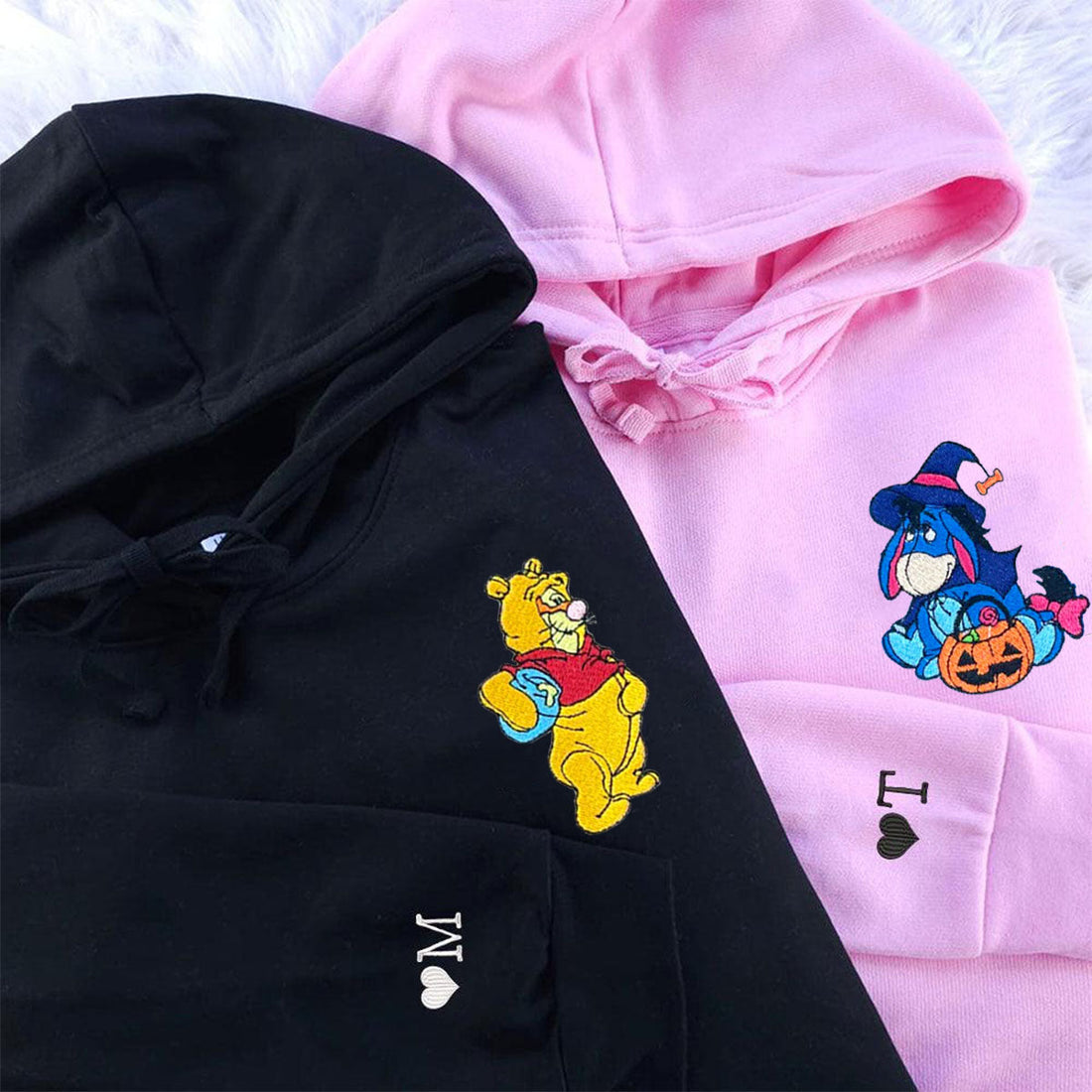 Custom Embroidered Hoodies For Couples, Cute Bear & Eeyore Halloween Couples Embroidered Hoodie