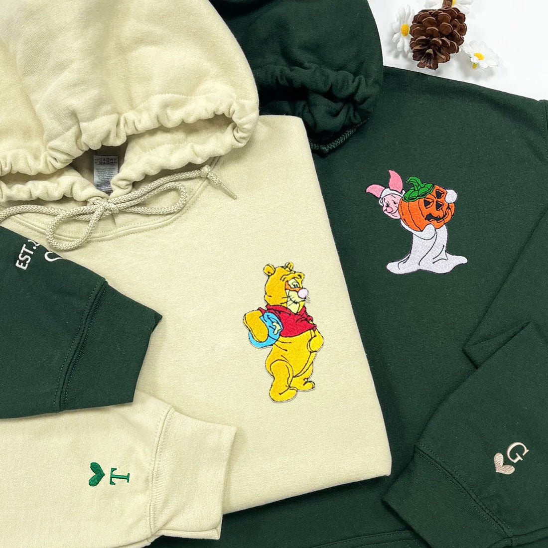 Custom Embroidered Hoodies For Couples, Cute Bear and Piglet Halloween Couples Embroidered Hoodie