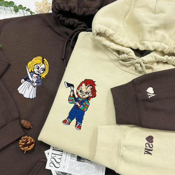 Custom Embroidered Hoodies for Couples, Chucky Halloween Couples Embroidered Hoodie