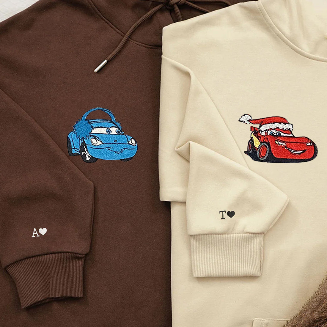 Custom Embroidered Hoodies for Couples, Cute Cars Characters Christmas Couples Embroidered Hoodie