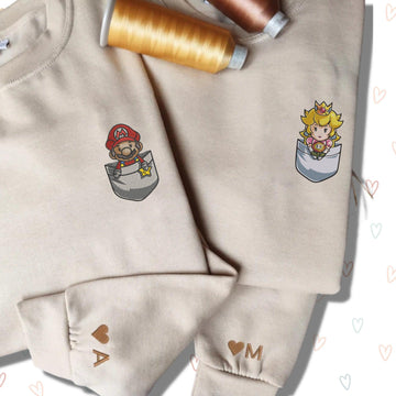 Custom Embroidered Hoodies For Couples, Custom Matching Couple Hoodies, Cartoon Mario and Princess Embroidered Matching Couples Hoodie