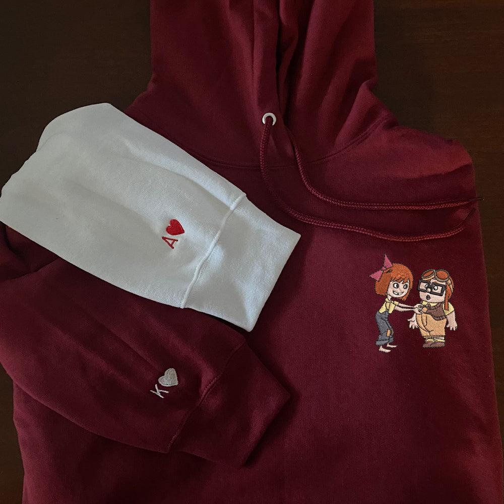 Custom Embroidered Hoodies For Couples, Custom Matching Couple Hoodie, Cute Cartoon Ellie x Carl Couples Embroidered Hoodie V2