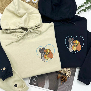 Custom Embroidered Hoodies For Couples, Custom Matching Couple Hoodie, Cute Lady The Tramp Couples Embroidered Hoodie