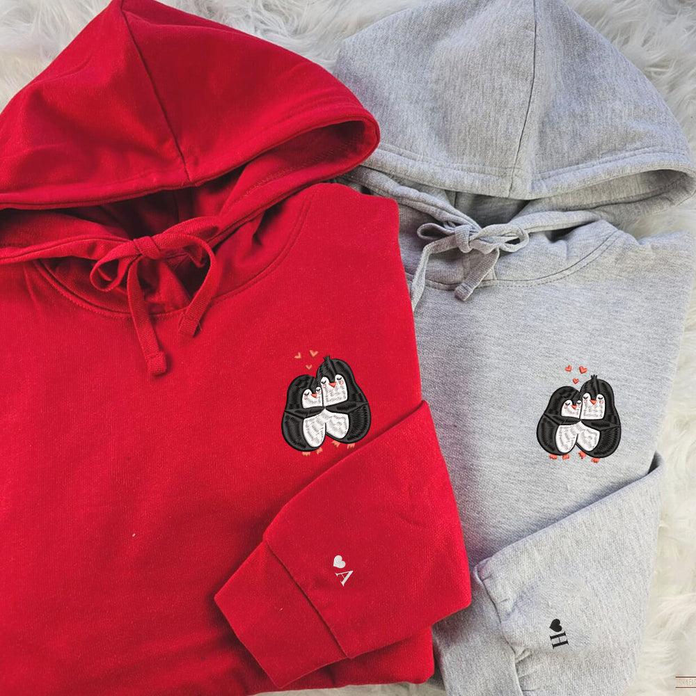 Custom Embroidered Hoodies For Couples, Custom Matching Couple Hoodie, Cute Penguin Couples Embroidered Hoodie